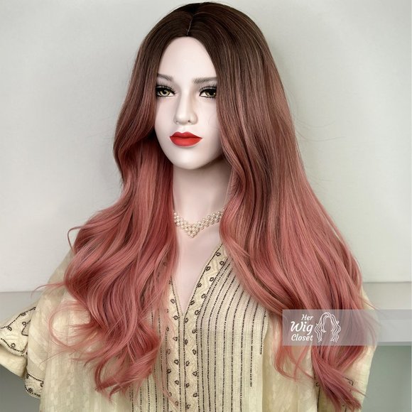 Sakura Pink Hair Ombre Pastel Pink Wig Dark Roots Wavy Wig  | Anaella - Picture 4 of 8